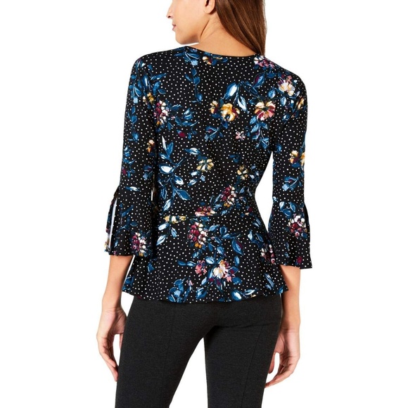 BCX Womens Juniors Faux-Wrap Polka Dot Peplum Top - Picture 2 of 2